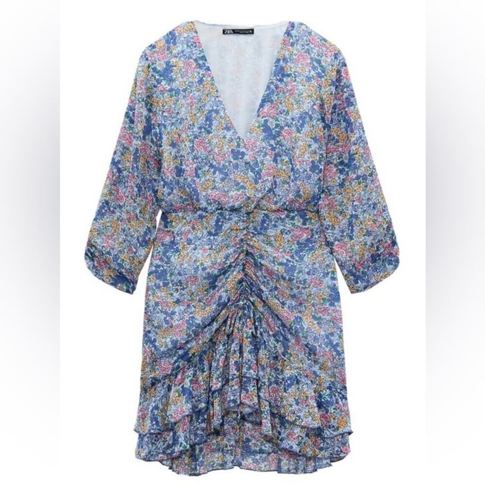 Zara Blue Floral Ruffle Spring Dress Size XS